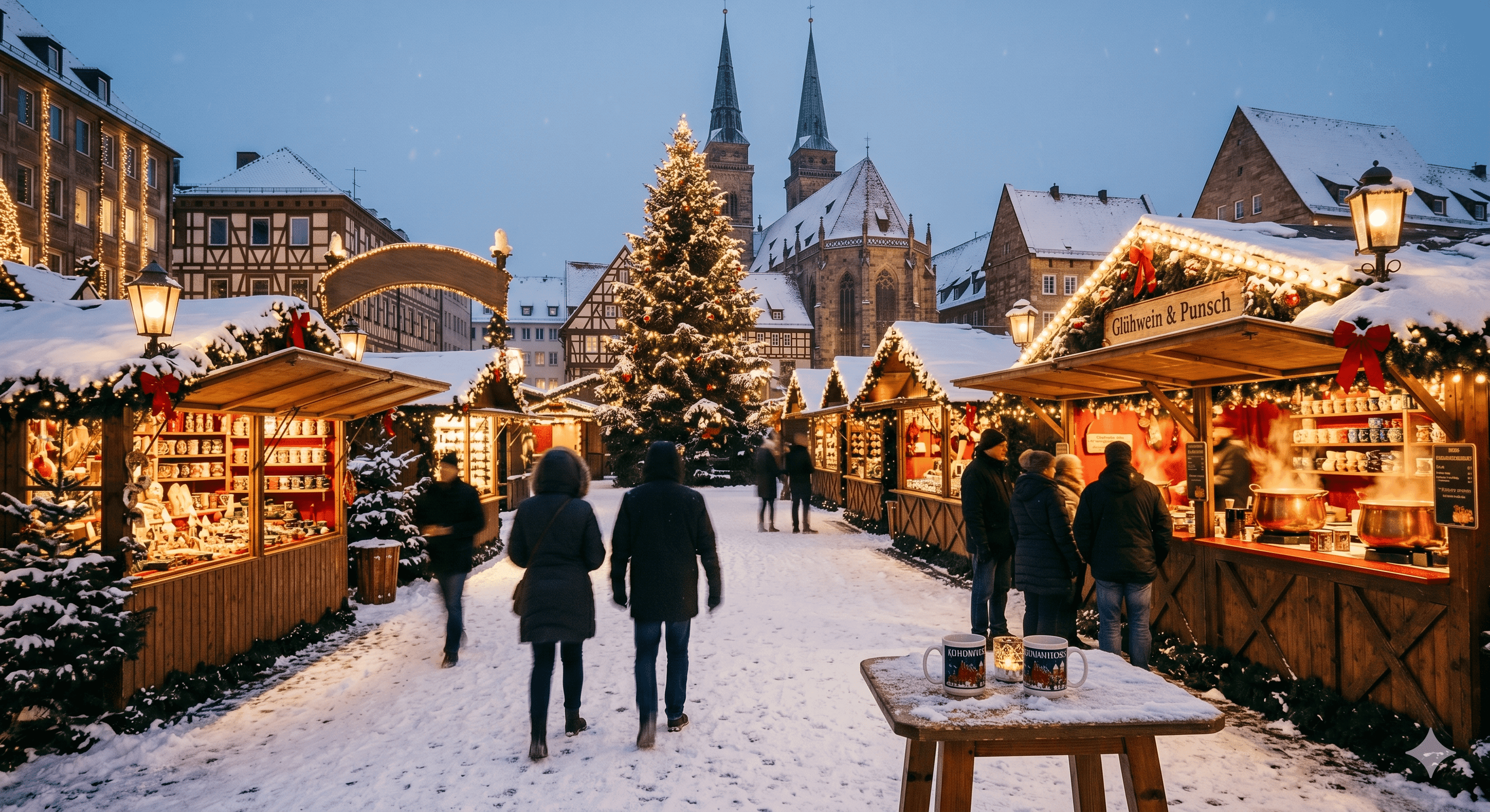 Weihnachtsmarkt mit Heißgetränke-Ausschank am Abend